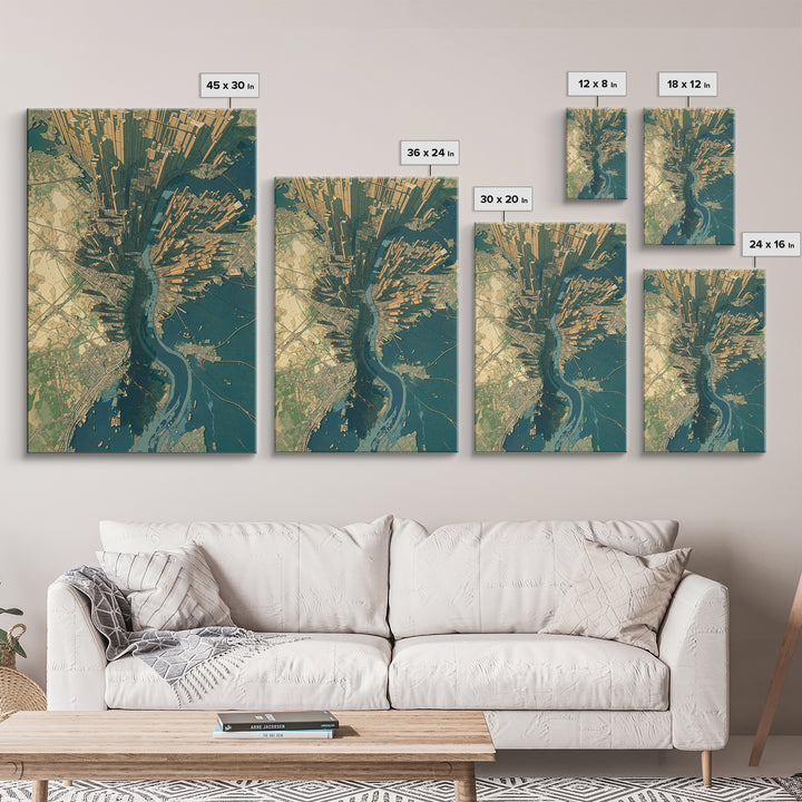 Aerial City Map Canvas Print, Urban Wall Art, Modern Architecture Poster, Teal And Gold Art, Office Decor, Statement Wall Art