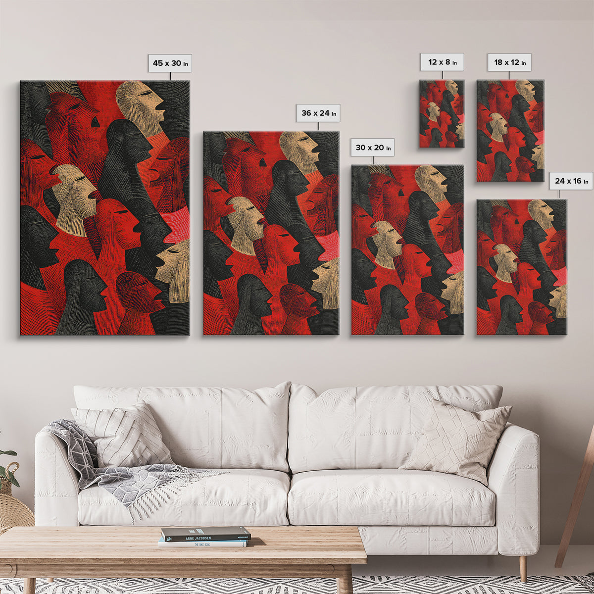 Red And Black Tribal Profile Faces, African Wall Art, Abstract African Art Print, Afrocentric Decor, Modern Canvas Print