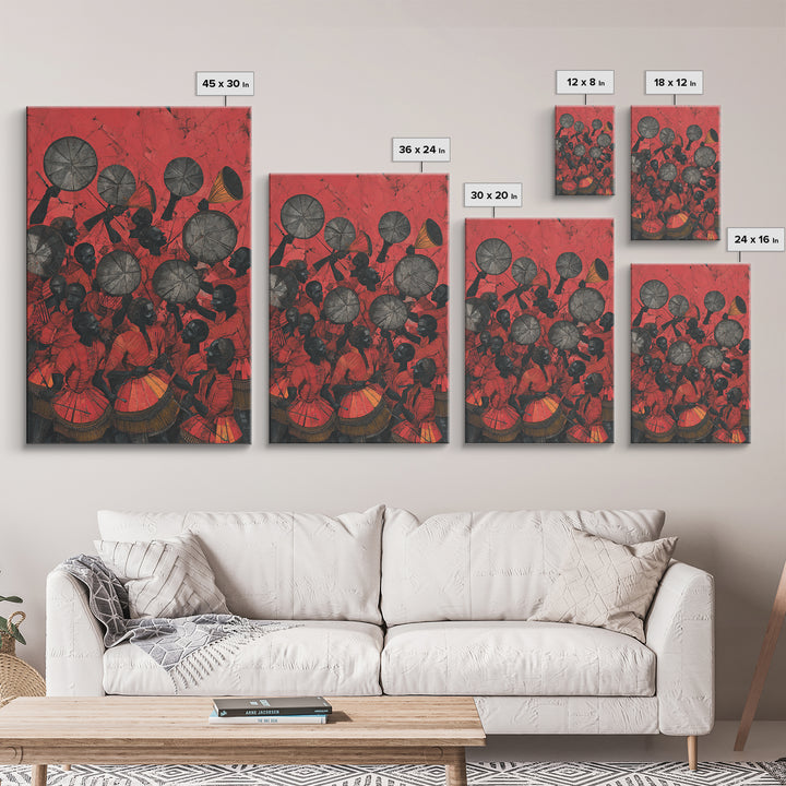 Red Drummers And Round Shields Celebration, African Wall Art, Tribal Art Print, Cultural Home Decor, Vibrant Canvas Print