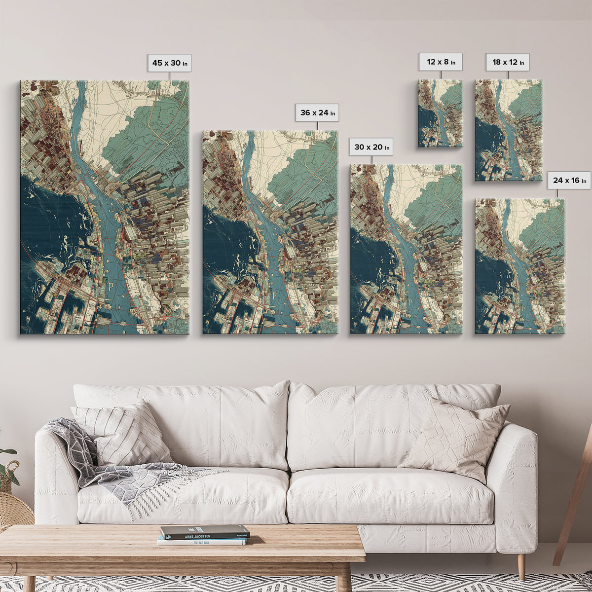 Aerial Coastal City Map With Blue Water, Urban Wall Art, Location Map Print, Modern Office Decor, Gallery Home Decor, Canvas Print