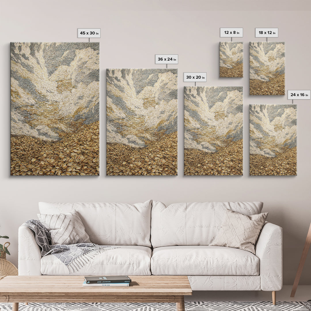 Golden Pebble Hills And Swirling Clouds, Nature Scene Wall Art, Earth Tone Art Print, Textured Boho Home Decor, Canvas Print