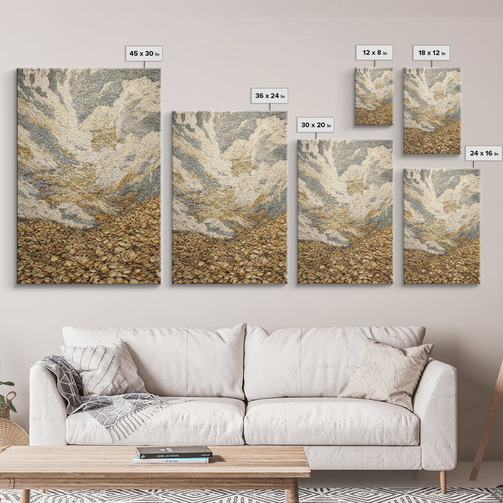 Golden Pebble Hills And Swirling Clouds, Nature Scene Wall Art, Earth Tone Art Print, Textured Boho Home Decor, Canvas Print