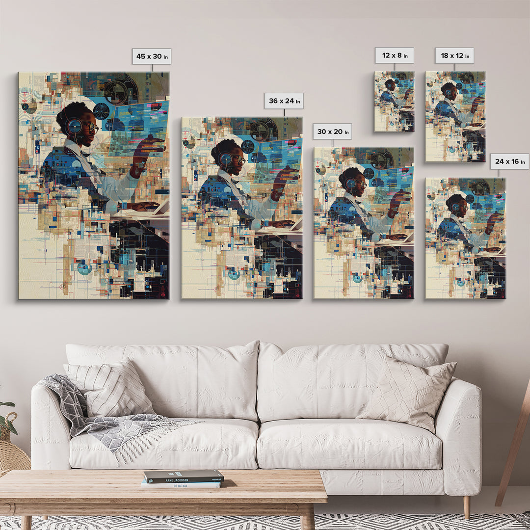 Black Woman Scientist Hologram Wall Art, Afrofuturism Portrait, African American Art Print, Modern Tech Office Decor Gift