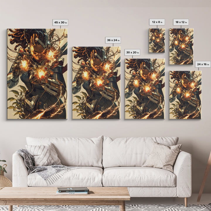 Cyberpunk African Warrior Woman Framed Canvas Print, Afrofuturism Wall Decor, Black Girl Magic, Futuristic Energy Art Gift
