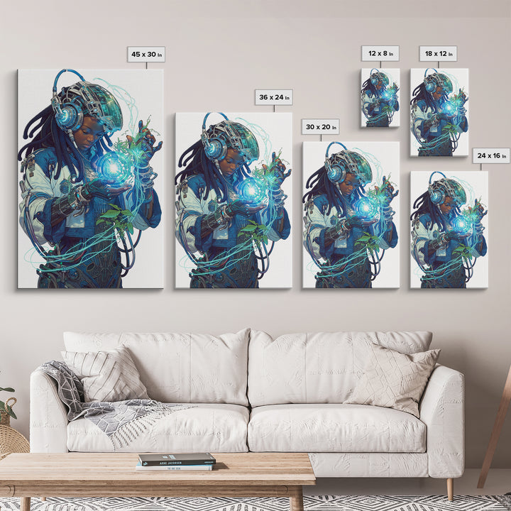 Futuristic African Woman With Glowing Orb Canvas Print, Afrofuturism Decor, Black Female Art, Botanical Tech Wall Art Gift