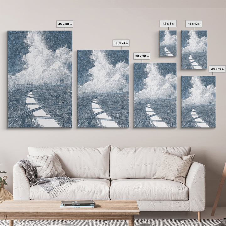 Intricate City River Cloud Wall Art, Blue Gray Urban Landscape Print, Modern Architecture Decor, Large Living Room Art Gift