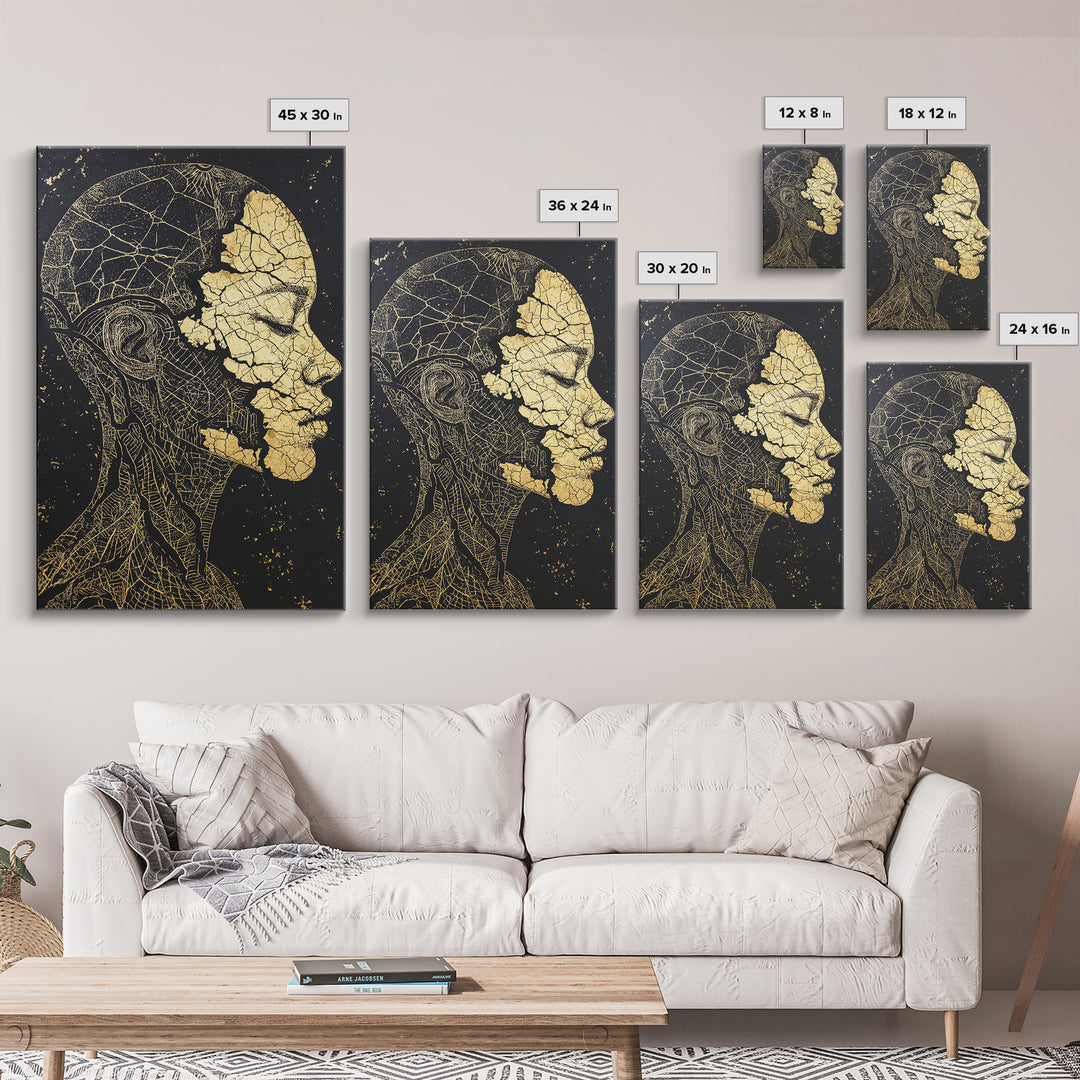 Gold Anatomical Profile Framed Canvas Print, Abstract Face Art, Black And Gold Wall Decor, Luxury Modern Portrait Gift For Him