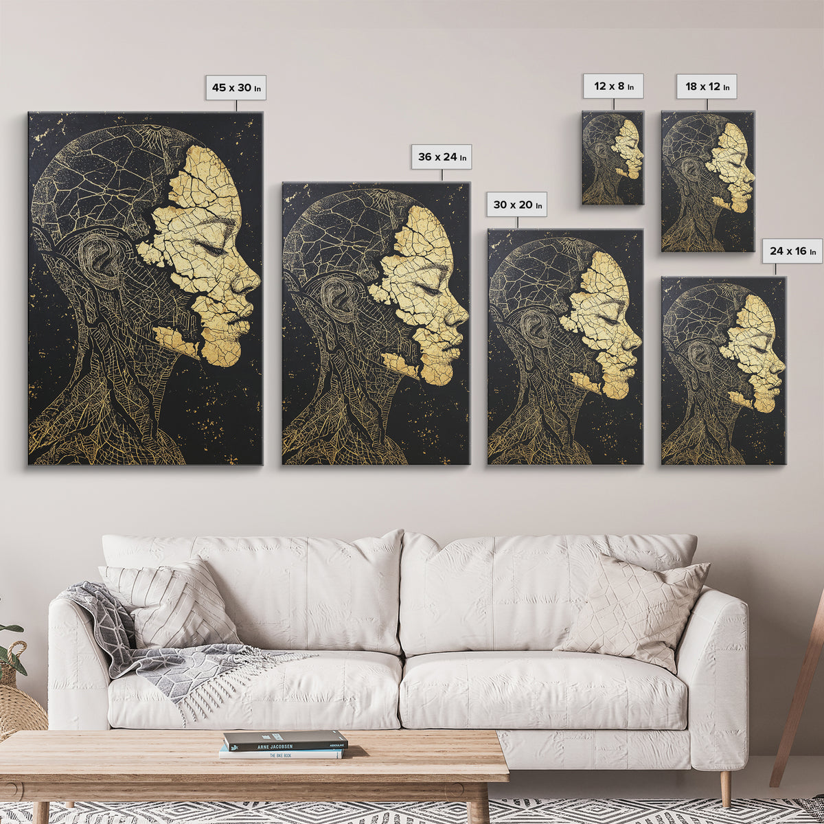 Gold Anatomical Profile Framed Canvas Print, Abstract Face Art, Black And Gold Wall Decor, Luxury Modern Portrait Gift For Him