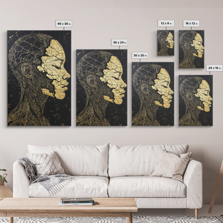 Gold Anatomical Profile Framed Canvas Print, Abstract Face Art, Black And Gold Wall Decor, Luxury Modern Portrait Gift For Him
