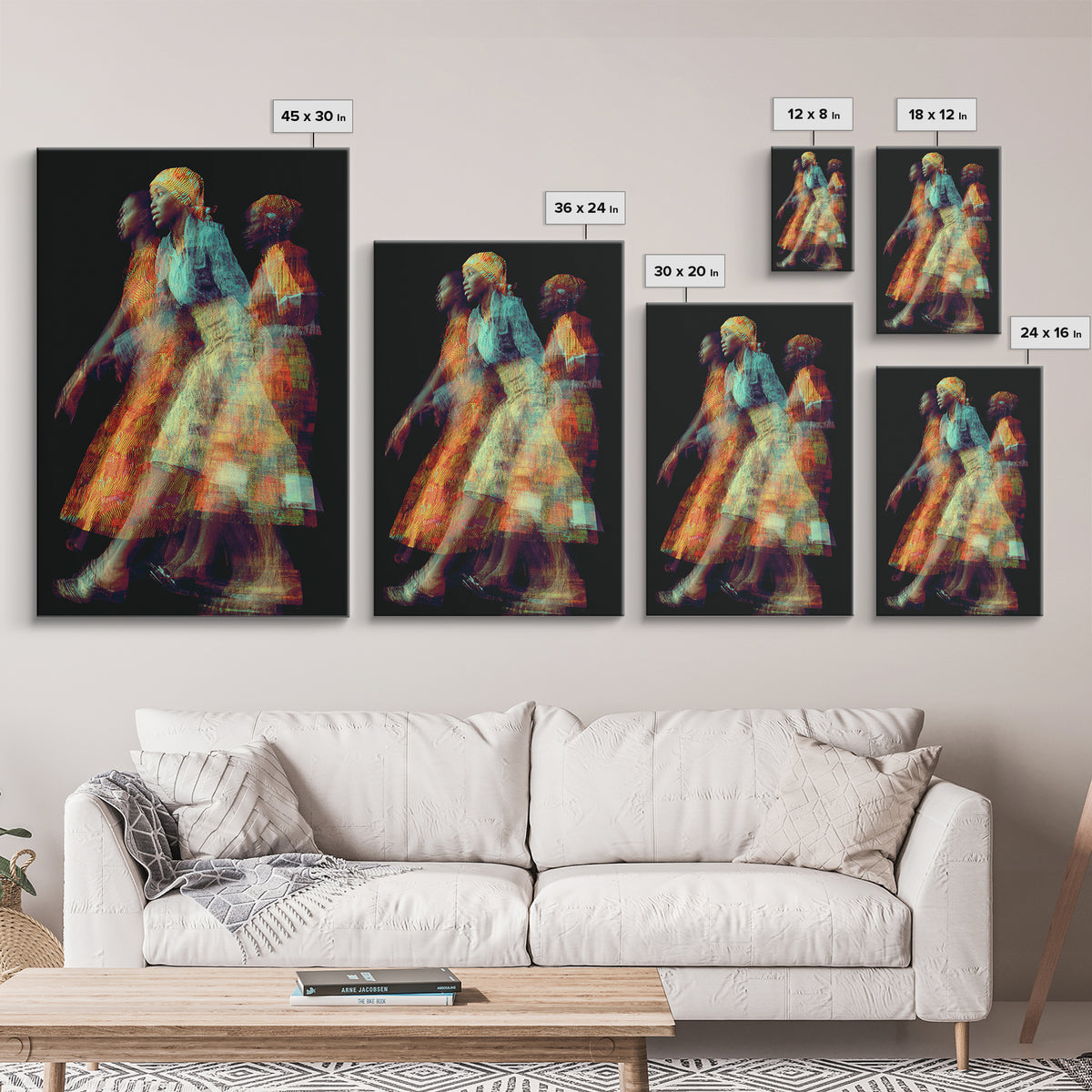 Glowing African Women In Motion Framed Canvas Print, Abstract Textile Portrait, Afrocentric Black Woman Wall Decor Art Gift