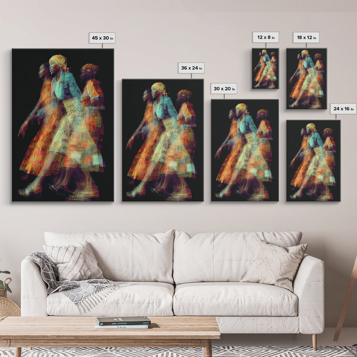 Glowing African Women In Motion Framed Canvas Print, Abstract Textile Portrait, Afrocentric Black Woman Wall Decor Art Gift