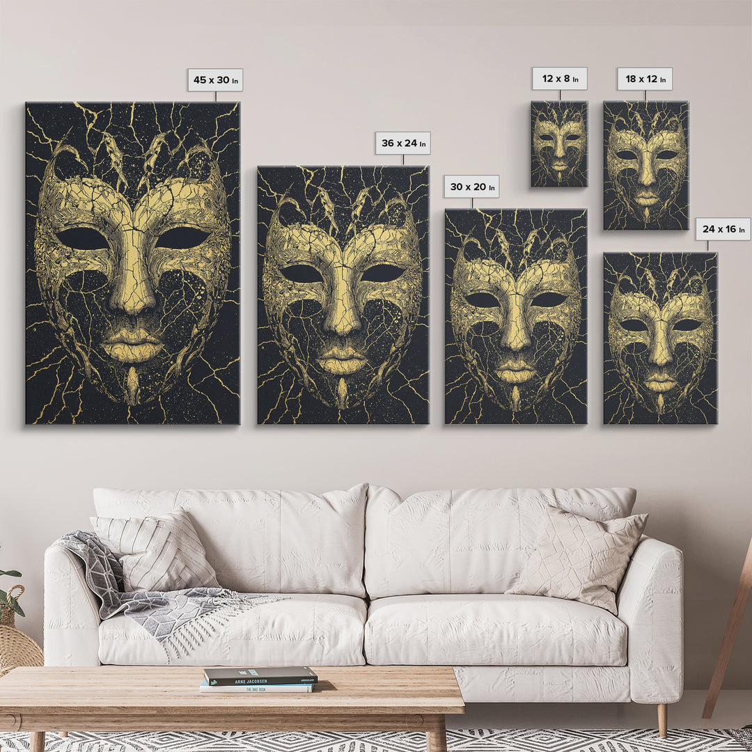 Gold African Mask Canvas Print, Black Cracked Tribal Face Art, Mystical Afrocentric Wall Decor, Unique Statement Gift For Home