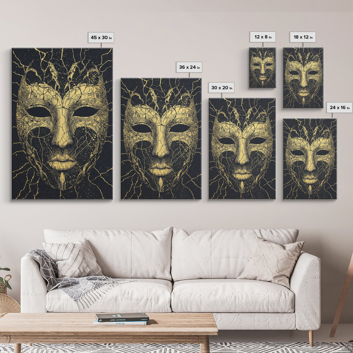 Gold African Mask Canvas Print, Black Cracked Tribal Face Art, Mystical Afrocentric Wall Decor, Unique Statement Gift For Home