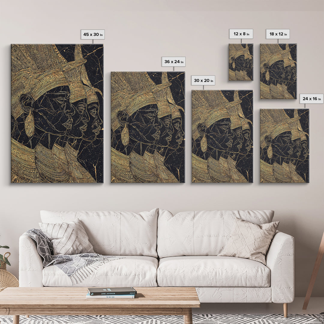 Regal African Queens Gold Line Wall Art, Black And Gold Headdress Portraits, Egyptian Inspired Afrocentric Cultural Home Decor Gift