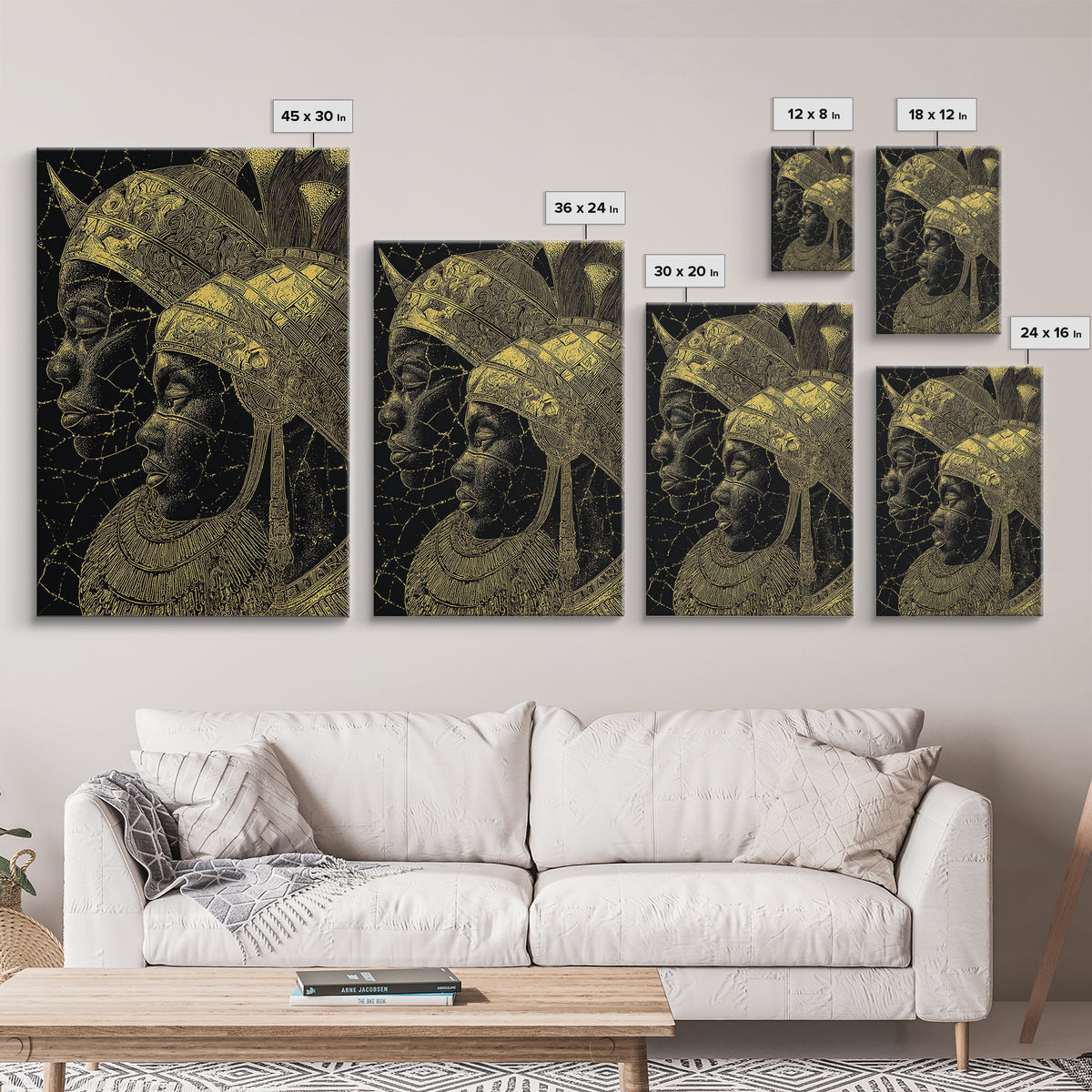 Black And Gold African Queen Profiles Framed Canvas Print, Afrocentric Wall Decor, Tribal Portrait, Elegant Home Art, Luxury Gift