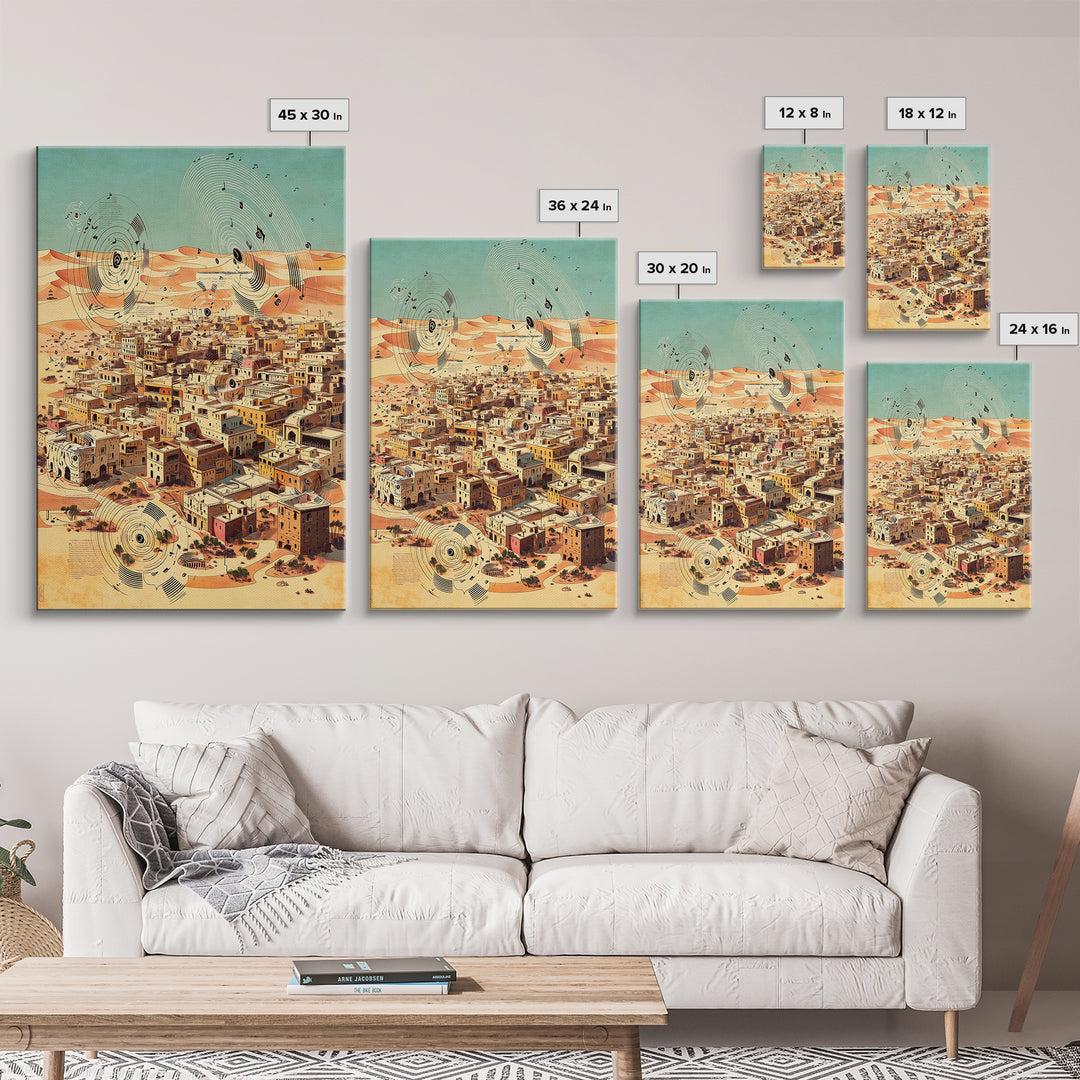 Desert City With Abstract Sound Waves Wall Art, North African Landscape Print, Modern Travel Poster, Earth Tone Home Decor