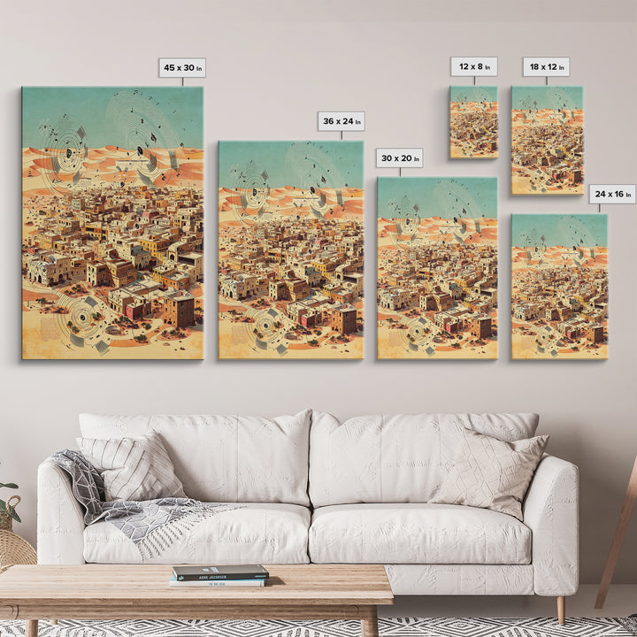 Desert City With Abstract Sound Waves Wall Art, North African Landscape Print, Modern Travel Poster, Earth Tone Home Decor