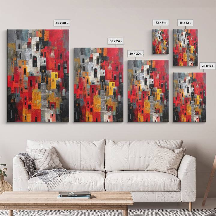 Red Black Abstract City Facades Framed Canvas Print, Modern African Wall Art, Urban Architecture Decor, Bold Home Decor Art