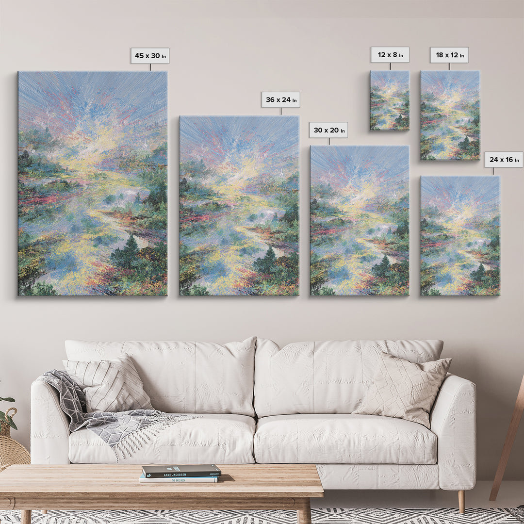 Luminous River Sunrise Landscape Framed Canvas Print, Dreamy Wall Art, Nature Scene Art, Serene Living Room Decor, Home Decor Gift