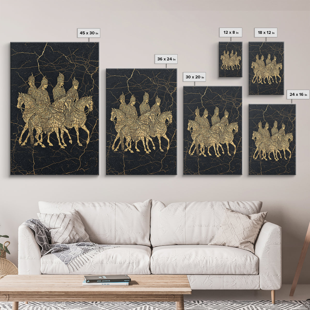 Golden African Horse Warriors On Black Stone Wall Art, African Warrior Art, Tribal Art Decor, Black Gold Canvas Decor Print