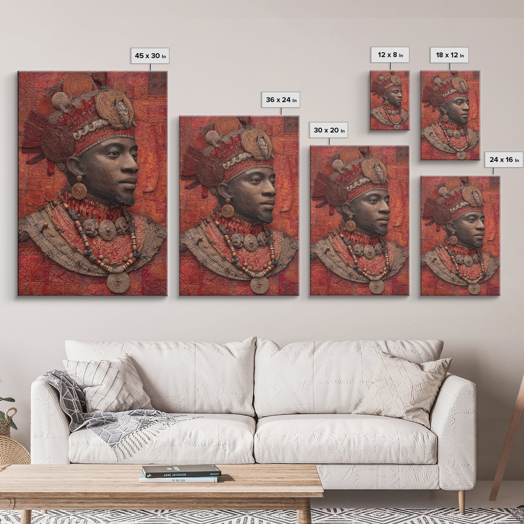 Ornate African Royal Man With Headdress Framed Canvas Print, African Portrait, Tribal Art Print, Red Cultural Wall Decor