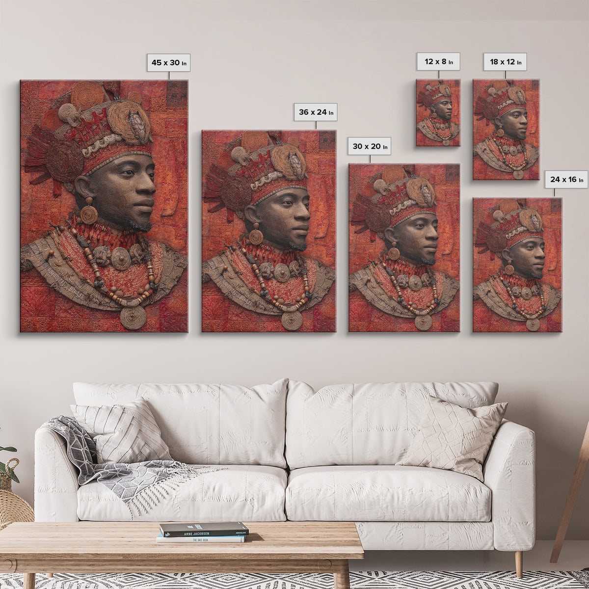 Ornate African Royal Man With Headdress Framed Canvas Print, African Portrait, Tribal Art Print, Red Cultural Wall Decor