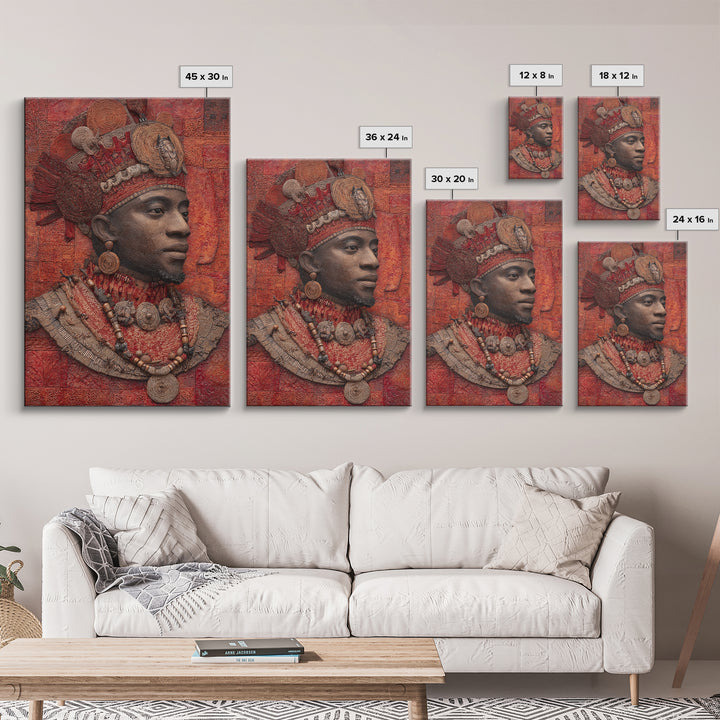 Ornate African Royal Man With Headdress Framed Canvas Print, African Portrait, Tribal Art Print, Red Cultural Wall Decor