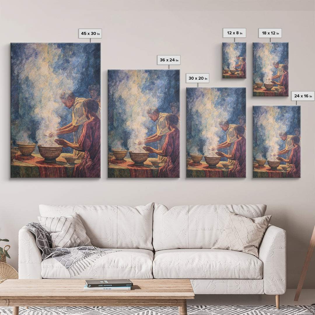 African Community Cooking Ritual With Steaming Bowls Wall Art, Cultural Home Decor, Ethnic Art Print, Warm Kitchen Poster