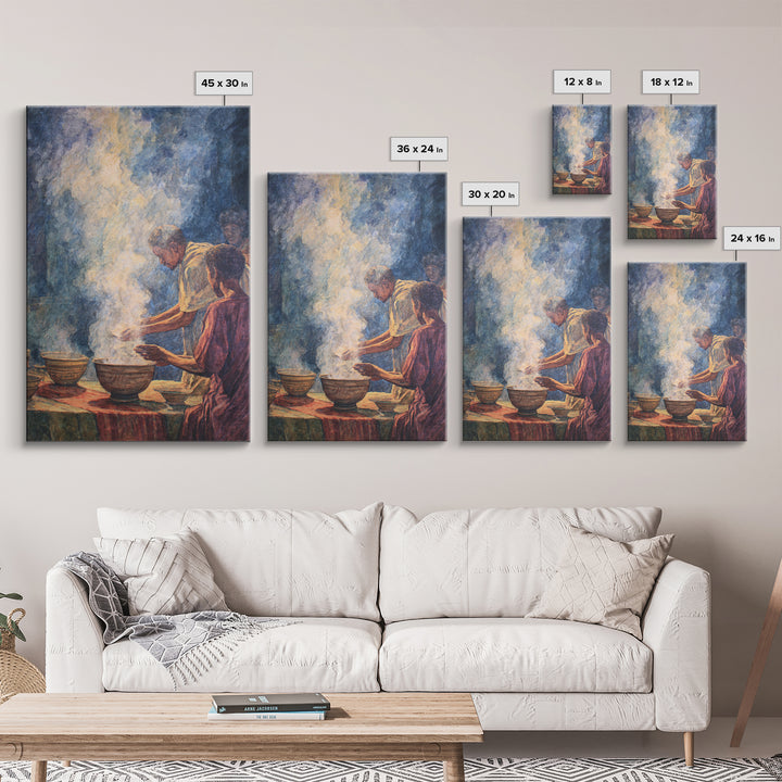 African Community Cooking Ritual With Steaming Bowls Wall Art, Cultural Home Decor, Ethnic Art Print, Warm Kitchen Poster