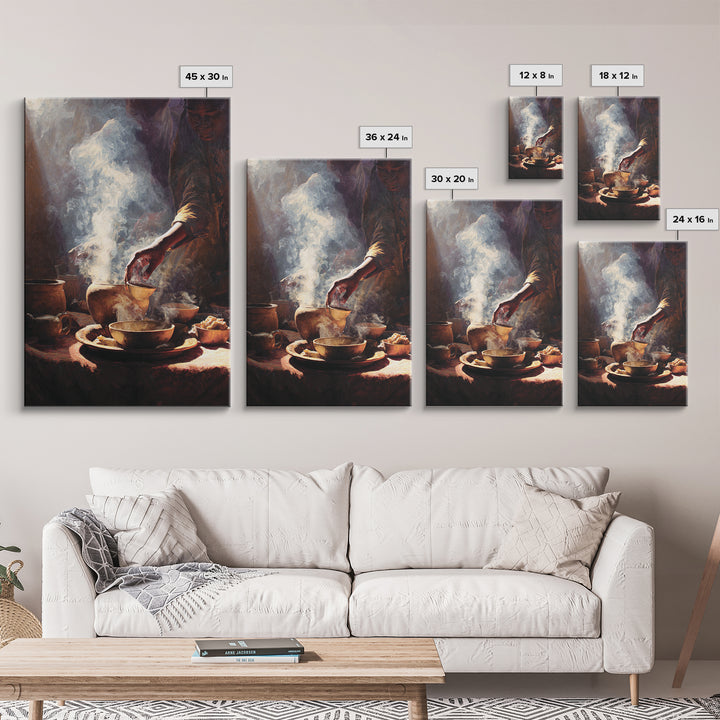 Steaming African Tea And Coffee Ceremony Still Life Canvas Print, Warm Kitchen Wall Art, Cultural Decor, Brown Black Art Decor