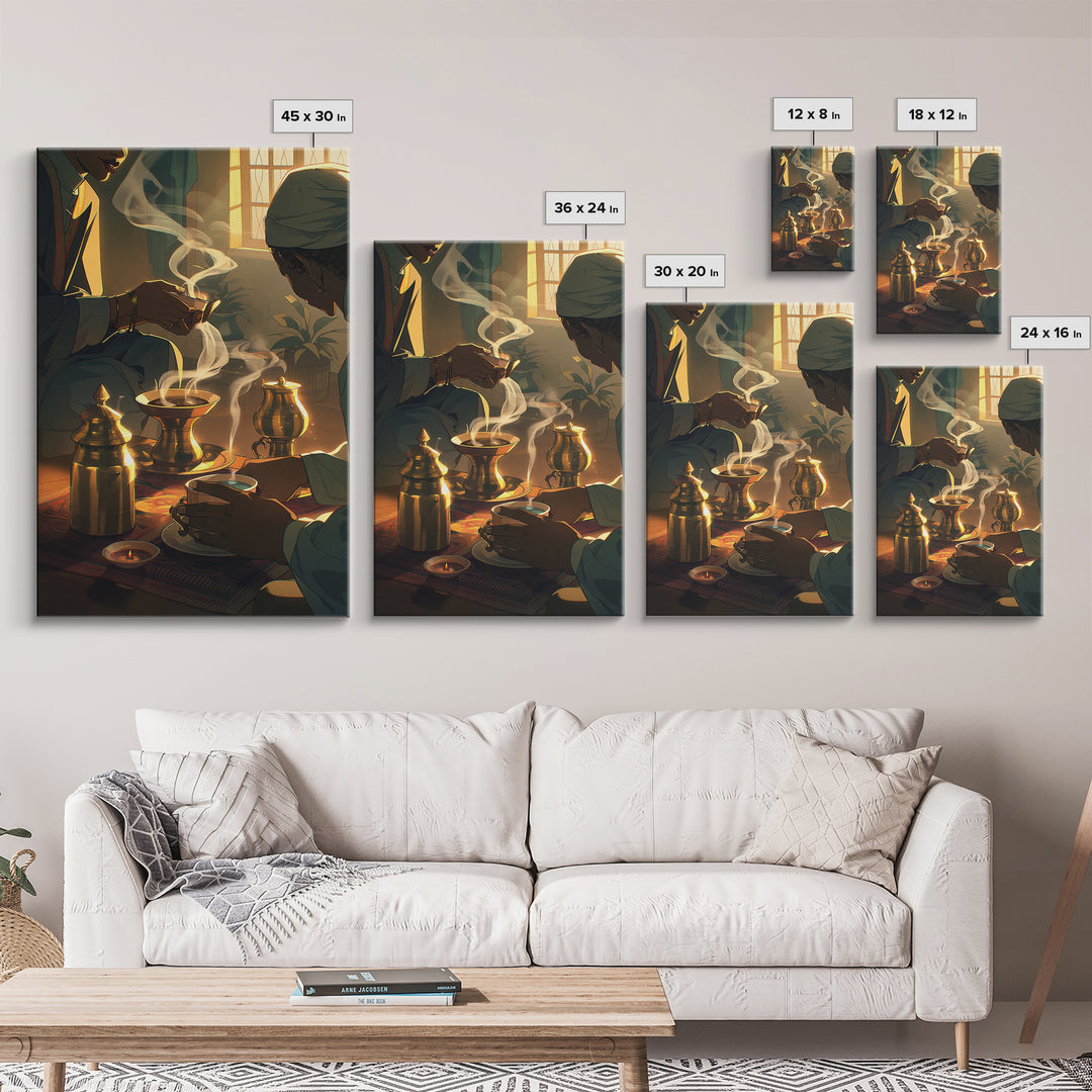 Sunlit African Tea Ceremony With Brass Vessels Wall Art, Afrocentric Decor, Boho Home Decor, Warm Cultural Canvas Print Gift