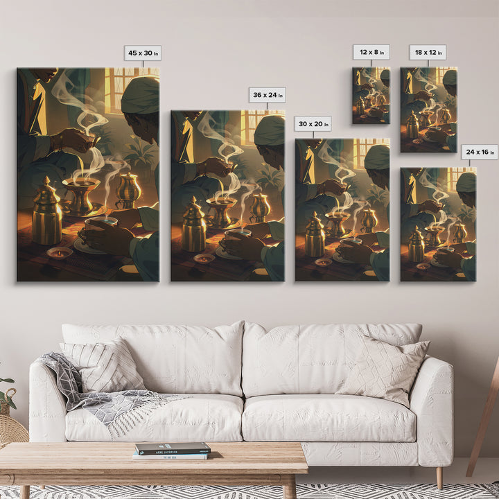 Sunlit African Tea Ceremony With Brass Vessels Wall Art, Afrocentric Decor, Boho Home Decor, Warm Cultural Canvas Print Gift