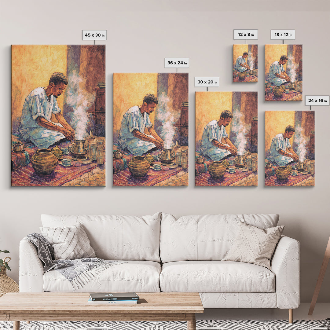Seated African Man Preparing Smoky Coffee Canvas Print, Cultural Wall Art, Earth Tone Decor, Bohemian Home Decor Gift For Him