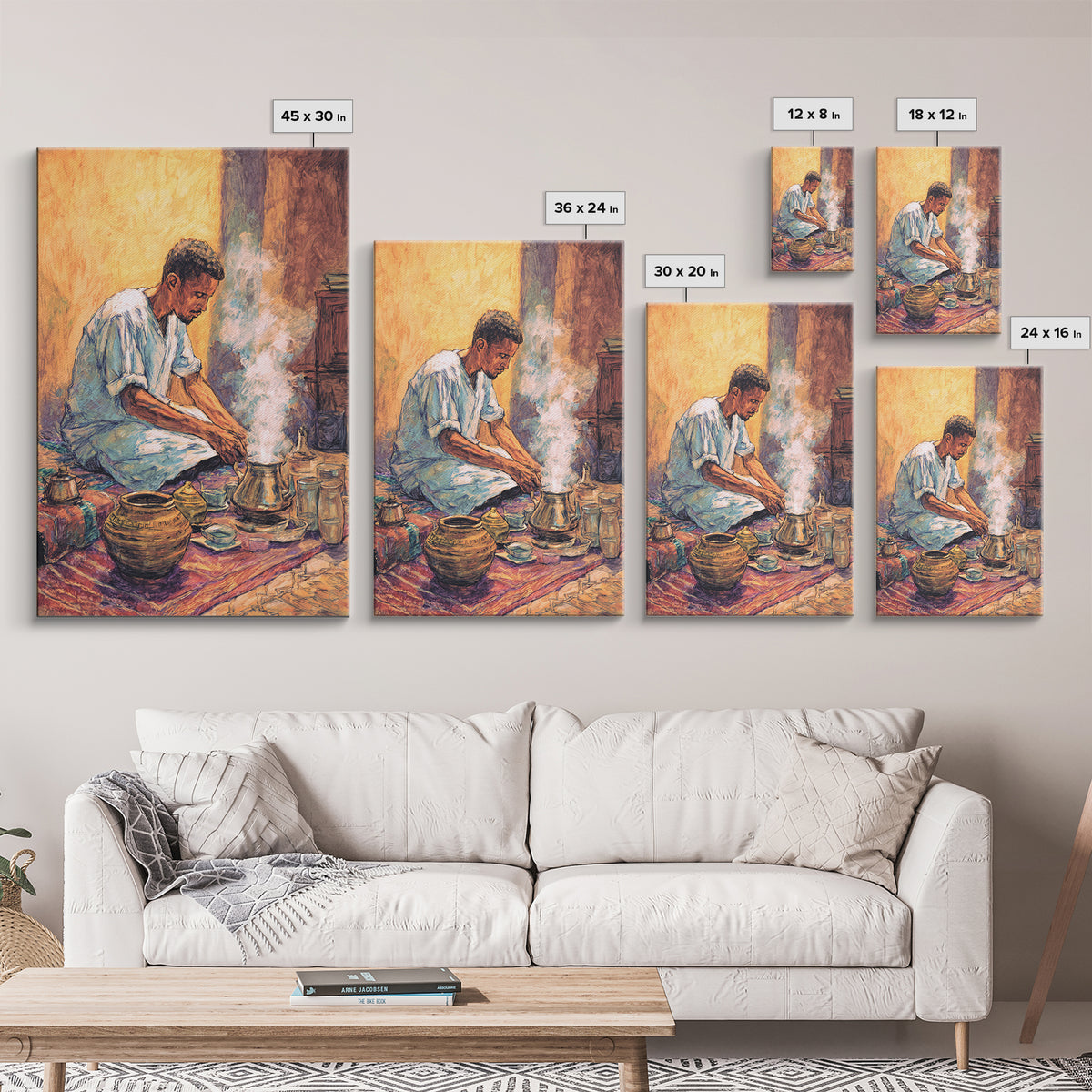 Seated African Man Preparing Smoky Coffee Canvas Print, Cultural Wall Art, Earth Tone Decor, Bohemian Home Decor Gift For Him