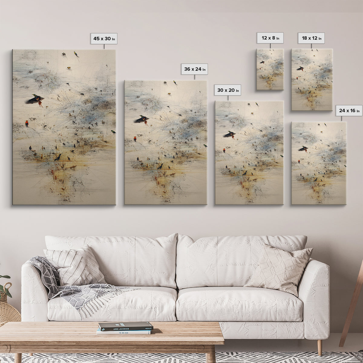 Abstract Birds Over Minimal African Landscape Wall Art, Modern Nature Scene Art, Neutral Gallery Decor, Unique Canvas Print