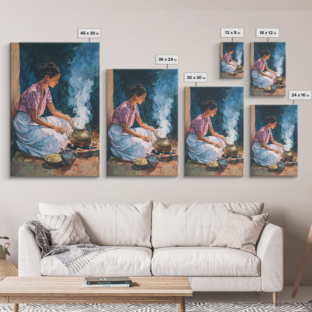 African Woman Cooking Steam Wall Art, Afrocentric Kitchen Portrait Canvas Print, Cultural Home Decor, Gift For Her, Blue Orange Painting