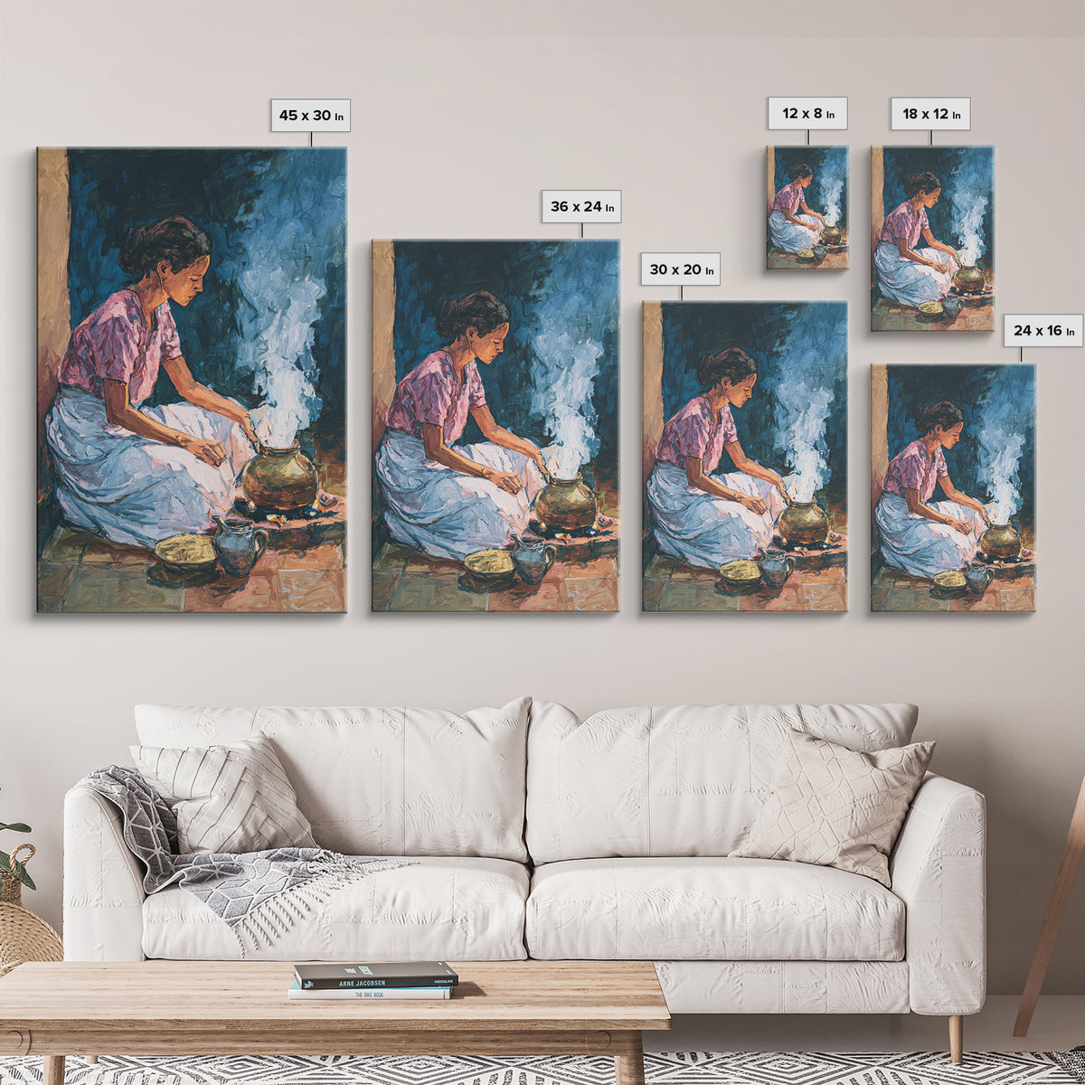 African Woman Cooking Steam Wall Art, Afrocentric Kitchen Portrait Canvas Print, Cultural Home Decor, Gift For Her, Blue Orange Painting