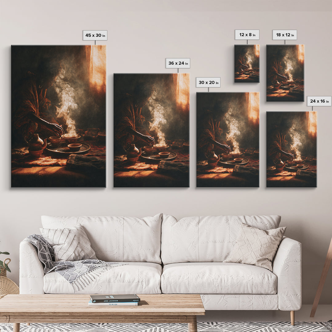 Moody African Woman Tea Ritual Wall Art, Incense Smoke Canvas Print, Afrocentric Decor, Black Culture Art, Gift For Her, Home Decor