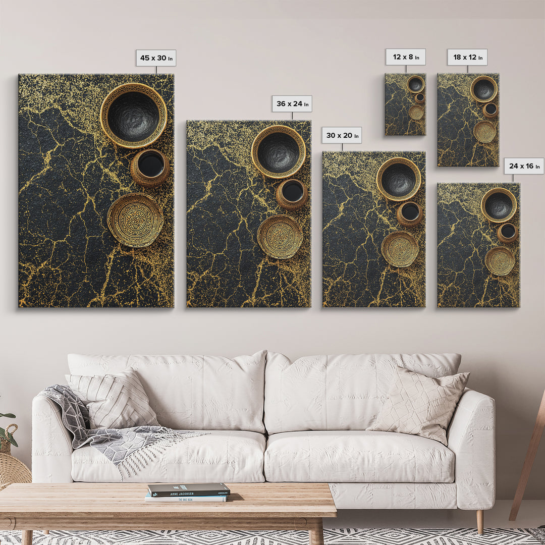 Black Gold Vessels Texture Wall Art, African Inspired Canvas Print, Abstract Ethnic Art, Luxury Kitchen Decor, Home Decor Gift