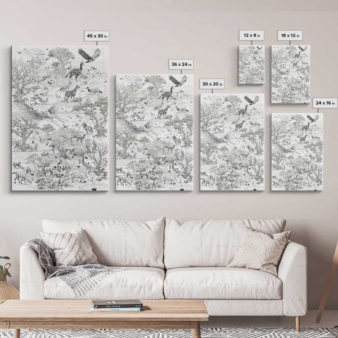 Intricate Monochrome African Safari Map Wall Art, Serengeti Animals, Elephant, Zebra, Giraffe, Travel Inspired Home Decor