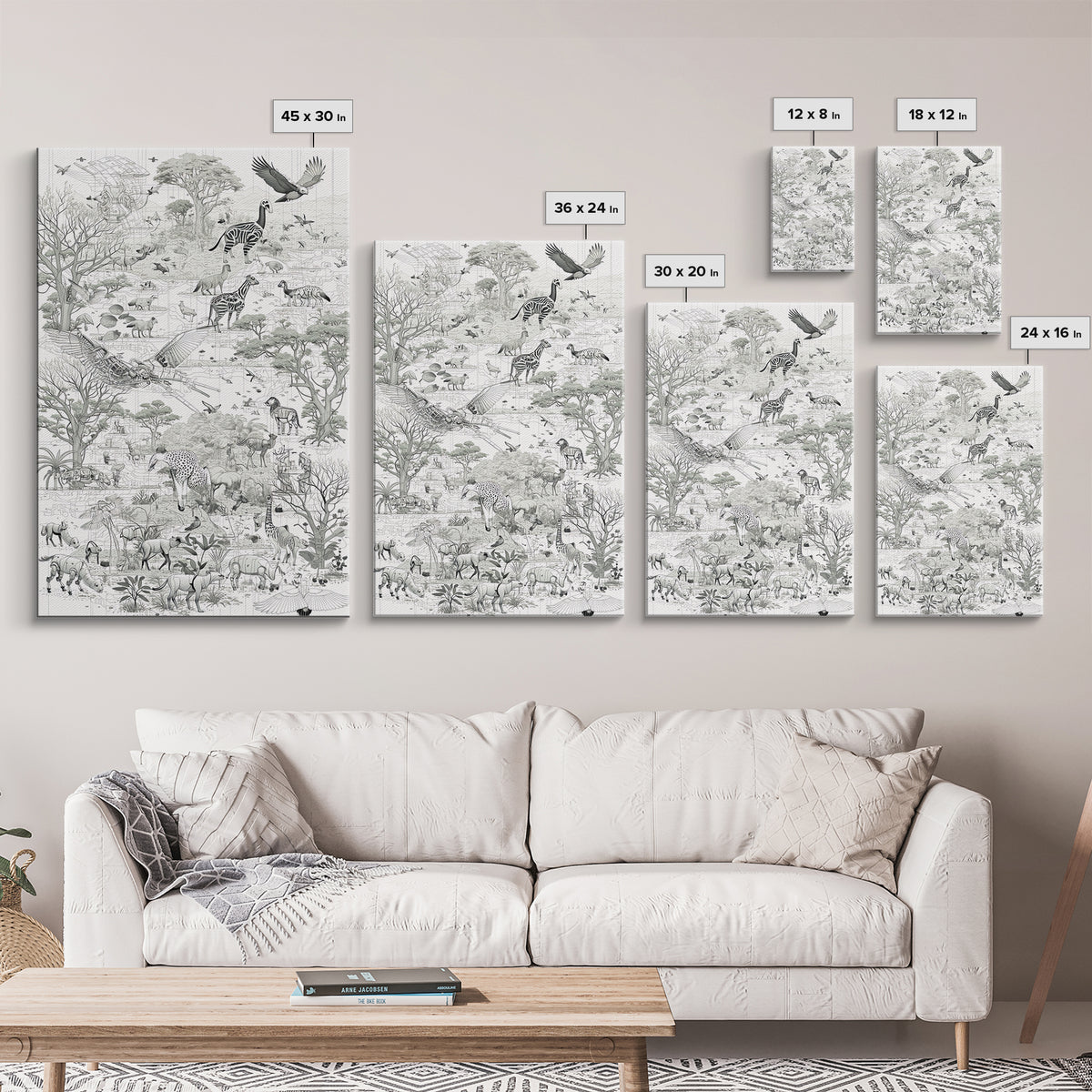 Intricate Monochrome African Safari Map Wall Art, Serengeti Animals, Elephant, Zebra, Giraffe, Travel Inspired Home Decor