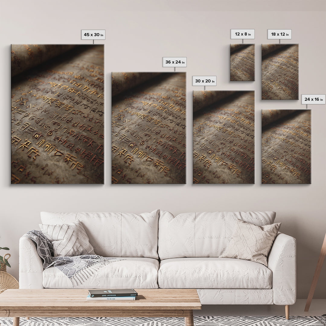 Aged Bronze Ancient Script Framed Canvas Print, Close Up Manuscript, Cultural Wall Art, Earth Tone Office Decor Gift For Study