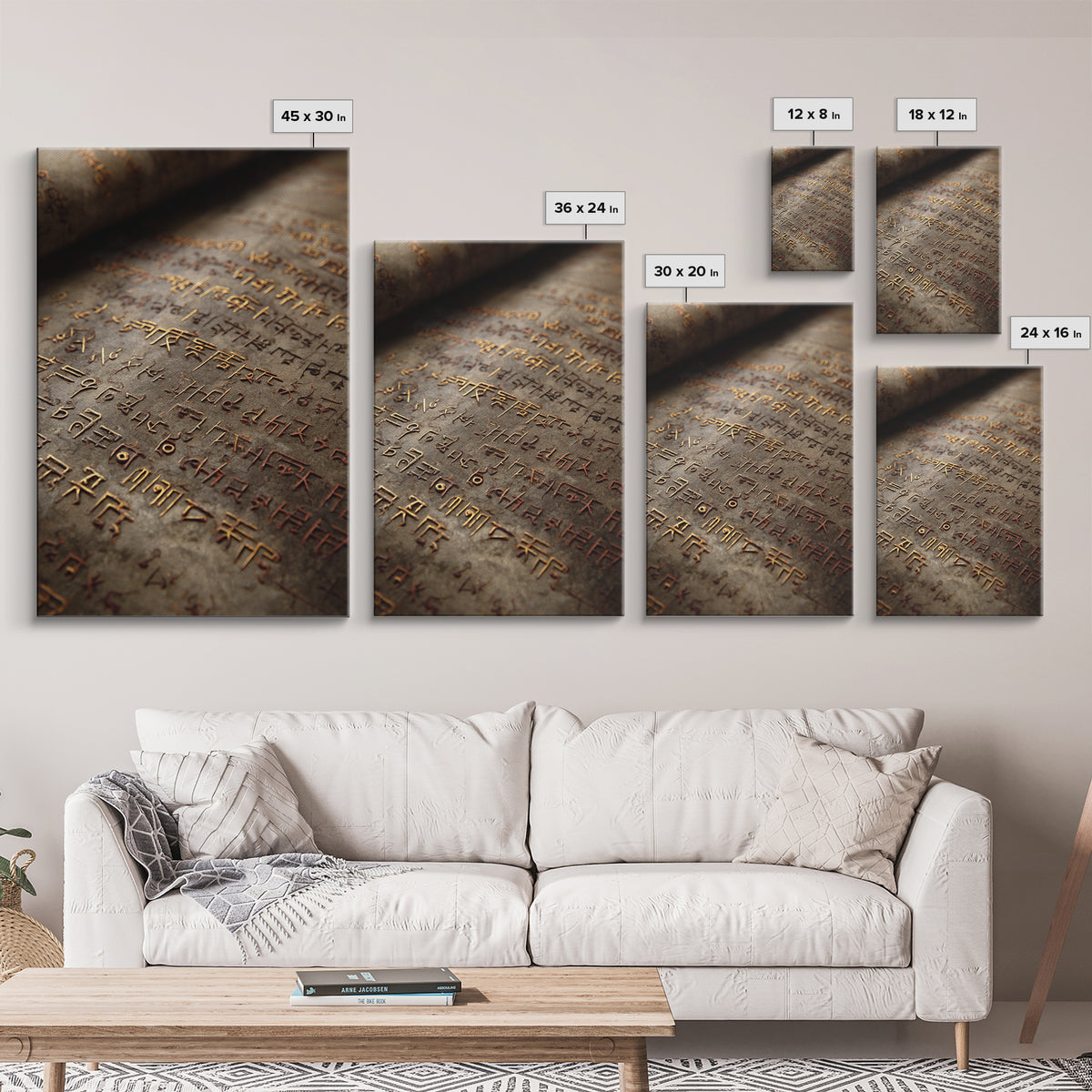 Aged Bronze Ancient Script Framed Canvas Print, Close Up Manuscript, Cultural Wall Art, Earth Tone Office Decor Gift For Study
