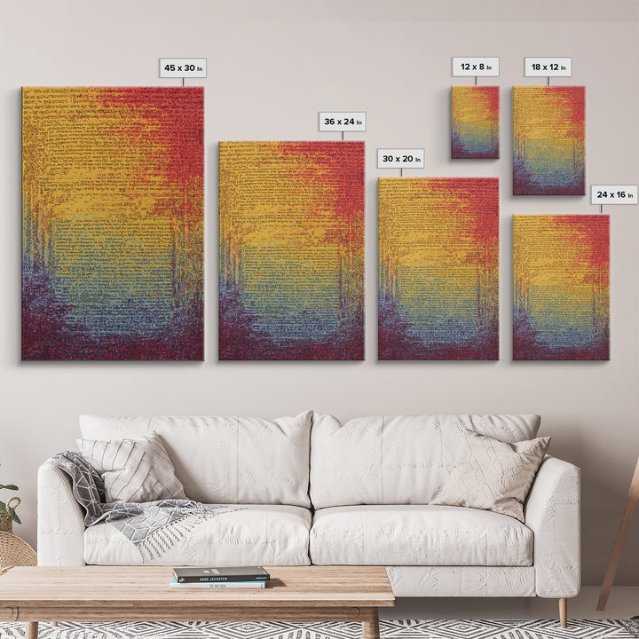 Colorful Gradient Ancient Manuscript Wall Art, Red Yellow Blue Abstract Script, Modern Canvas Print, Vibrant Home Decor Gift