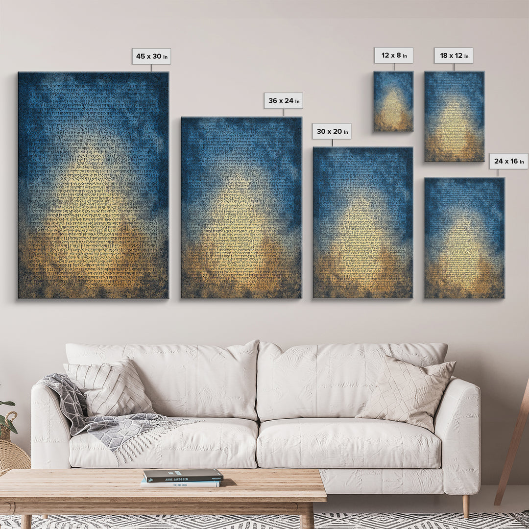Blue Ancient Script Manuscript Canvas Print, Glowing Parchment Wall Art, Spiritual Cultural Decor, Elegant Office Gift For Her