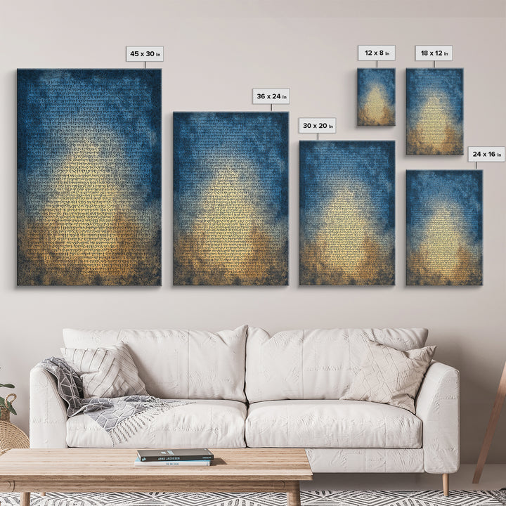 Blue Ancient Script Manuscript Canvas Print, Glowing Parchment Wall Art, Spiritual Cultural Decor, Elegant Office Gift For Her