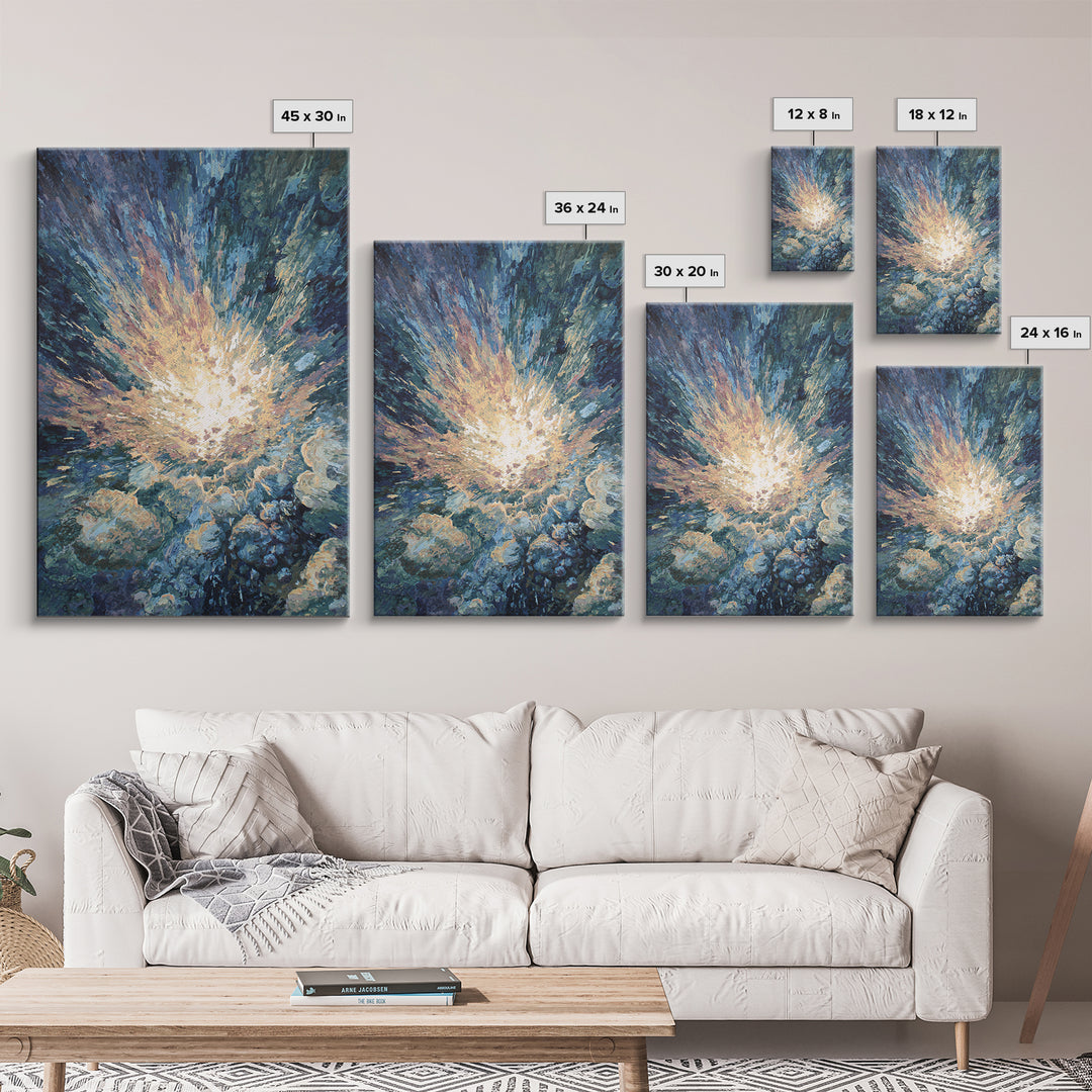 Radiant Ocean Light Burst In Blue Clouds Canvas Print, Abstract Painting, Dreamy Wall Art, Nature Scene Art, Home Decor Gift