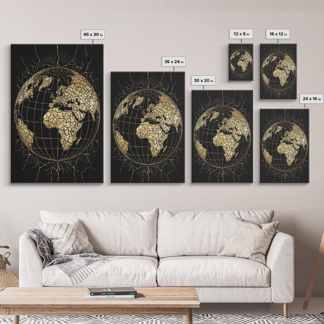 Cracked Gold Africa Globe On Black Canvas Print, African Wall Art, Motherland Map Decor, Afrocentric Cultural Gift For Living Room