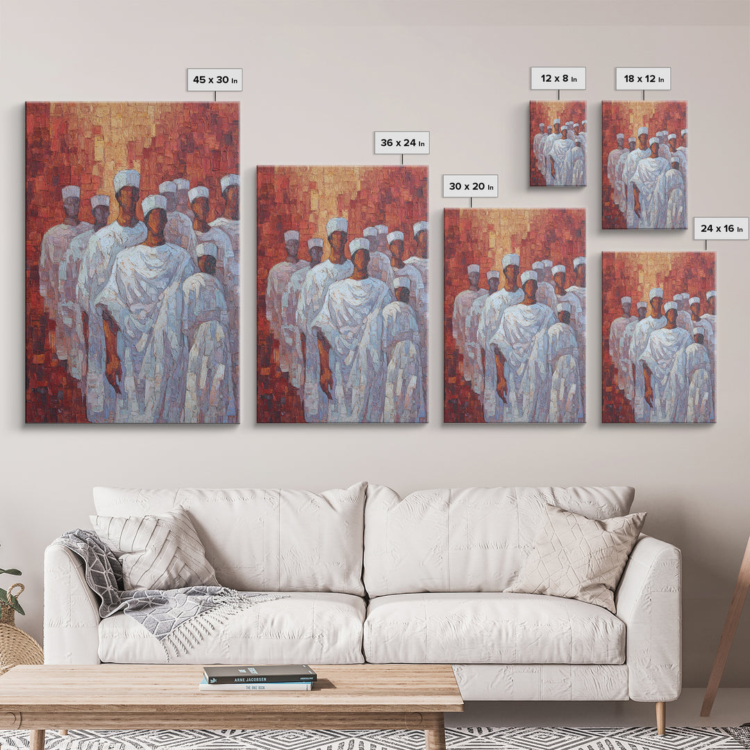 White Robed Figures In Red Impasto Framed Canvas Print, African Wall Art, Cultural Decor, Modern African Painting Gift For Home Decor