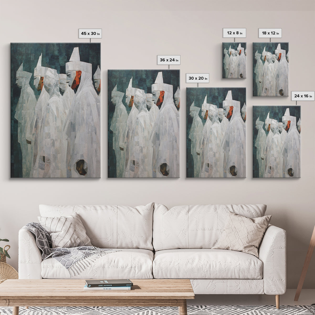 Abstract White Robed Figures On Teal Framed Canvas Print, African Wall Art, Modern Cultural Decor, Unique Home Gift For Living Room